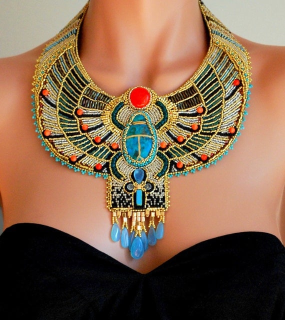 Egyptian Scarab Necklace -  Bead Embroidered Necklace, Statement Necklace, Collar Necklace