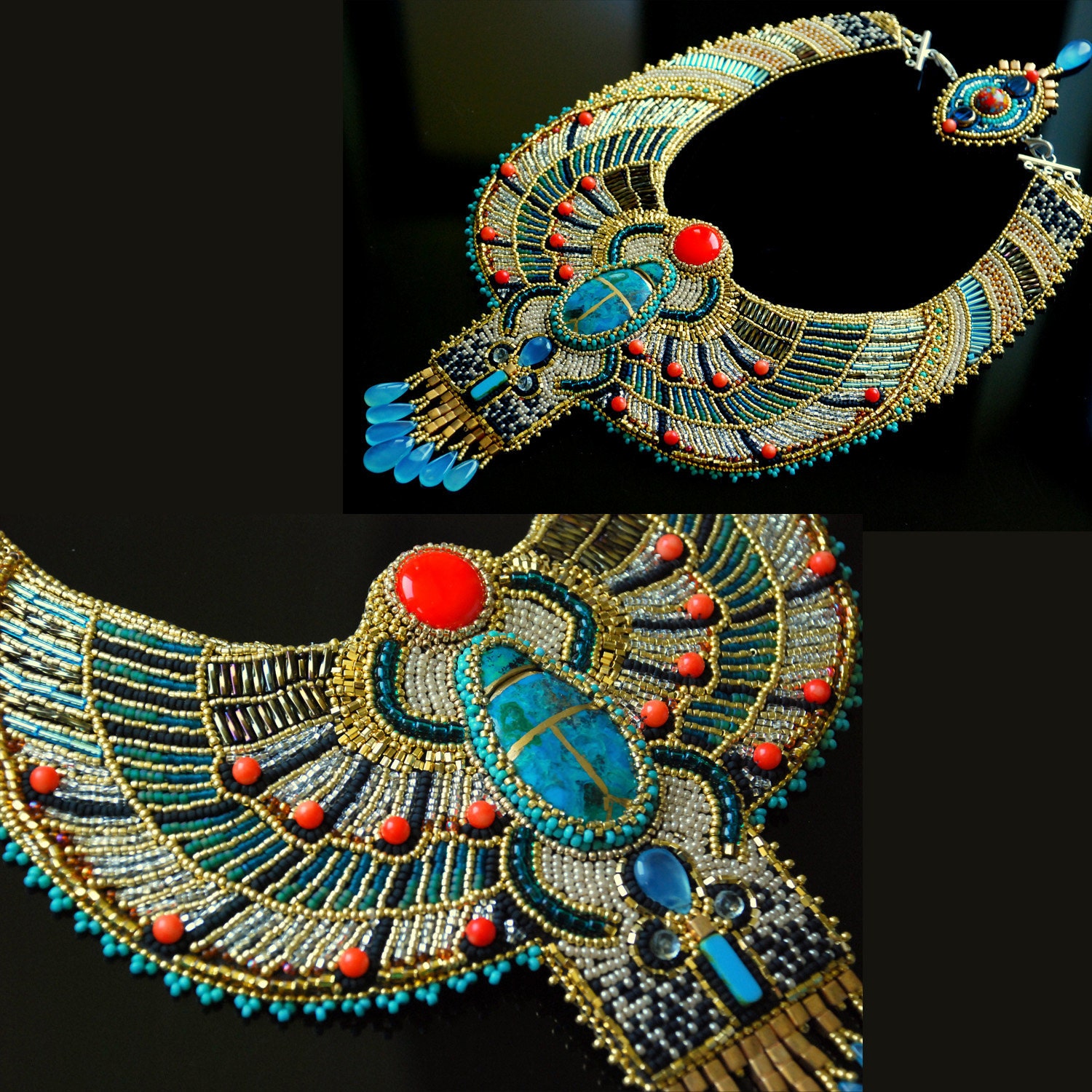 Egyptian Scarab Necklace -  Bead Embroidered Necklace, Statement Necklace, Collar Necklace
