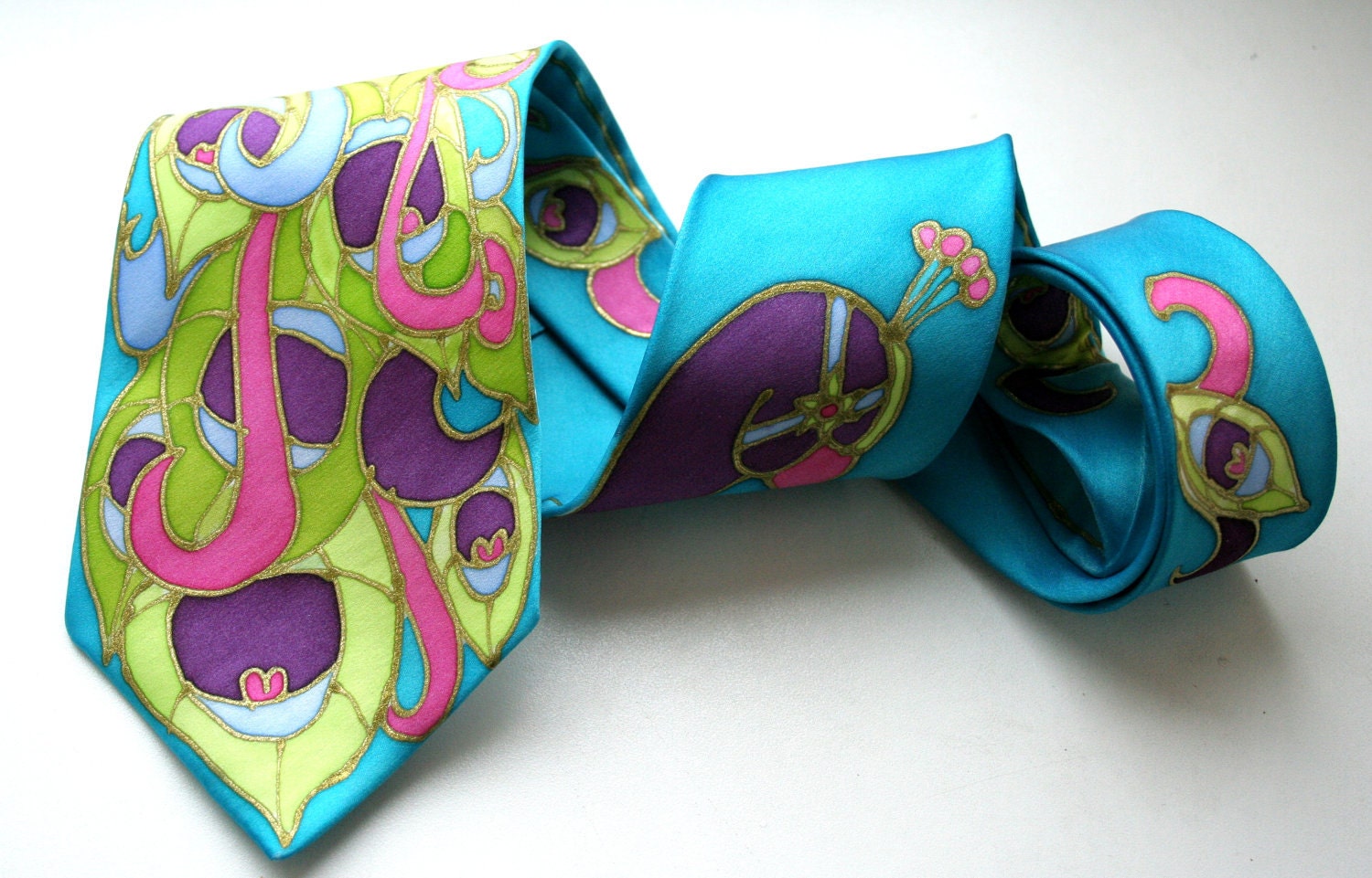 Peacock Necktie. Silk Necktie. Turquoise.  Peacock Hand Painted. Carnival Colors.