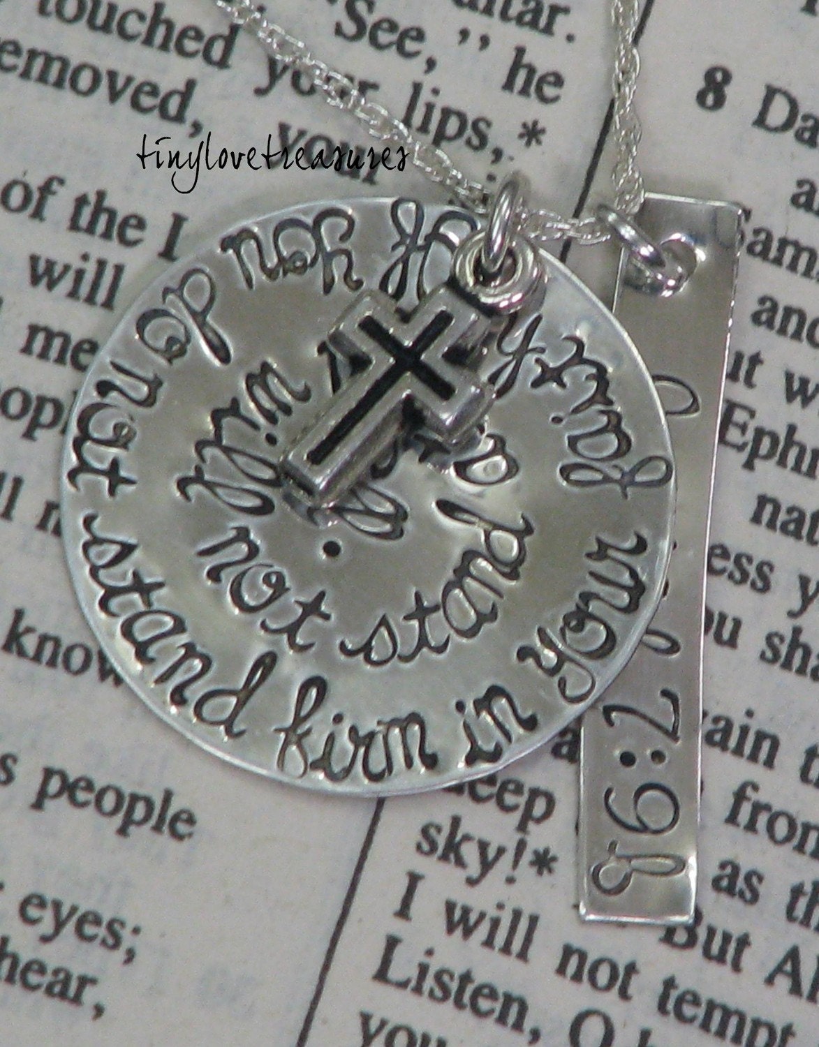 Sterling silver hand stamped necklace with rectangle tag and charms - Isaiah bible verse