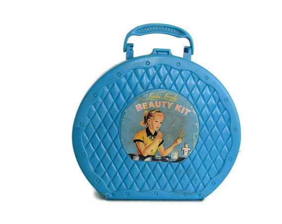 Hatbox Suitcase Purse Vintage 1950s Lady Lovely Plastic Toy Train Case Beauty Kit Box Turquoise Blue Retro Case