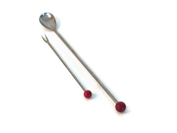 Bakelite Barware Red Ball Handles Mid Century Vintage Retro Bar Tools Cocktail Spoon Olive Fork