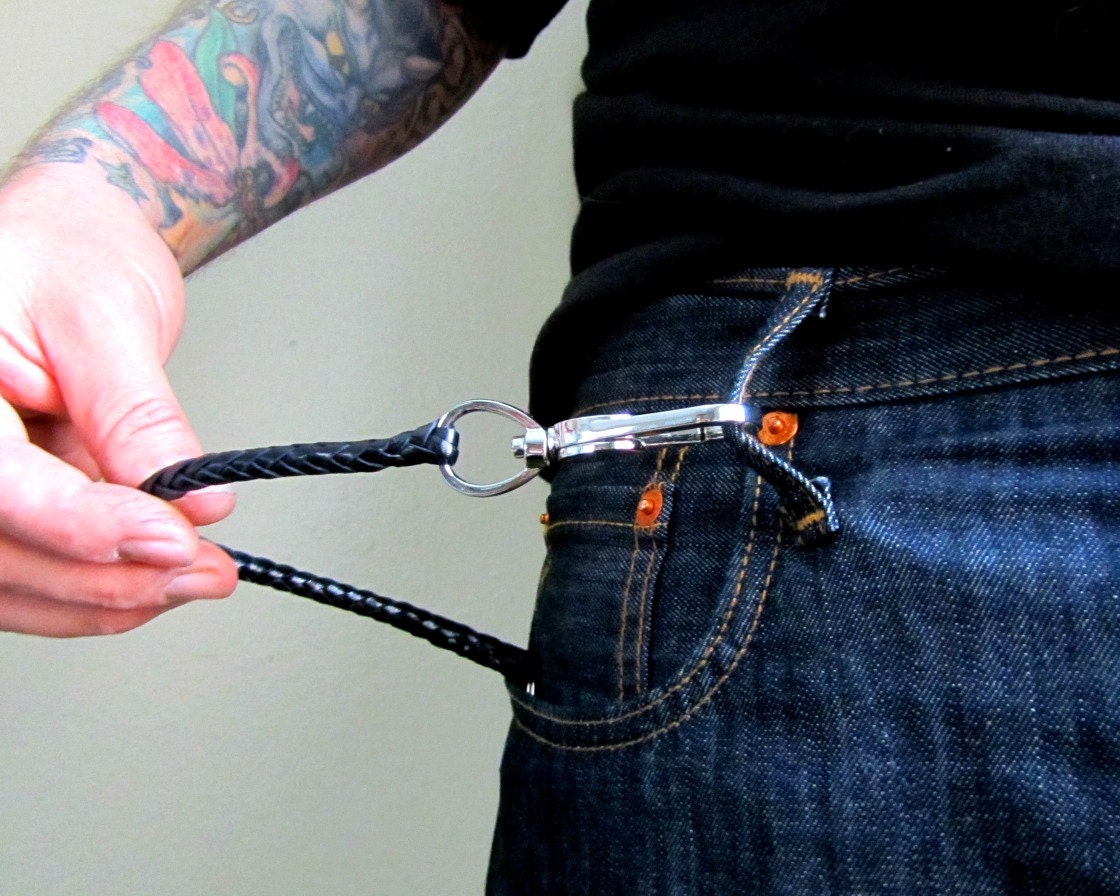 Black Leather Long Braided Key Chain With Clip