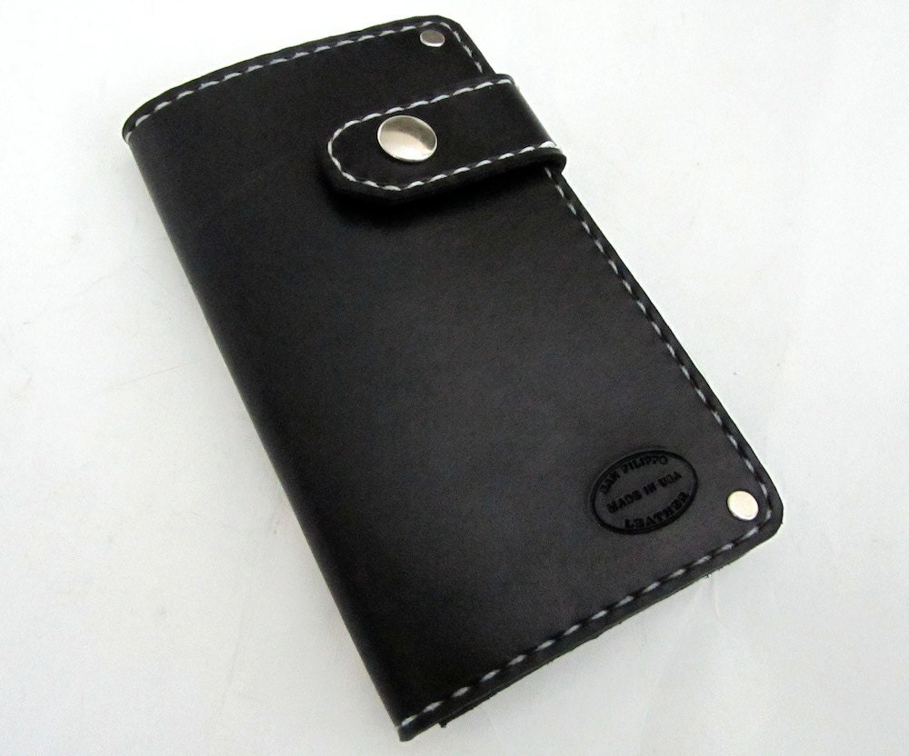 Black Leather Biker Wallet with Snap and Ivory Stitching Can Be Personalized