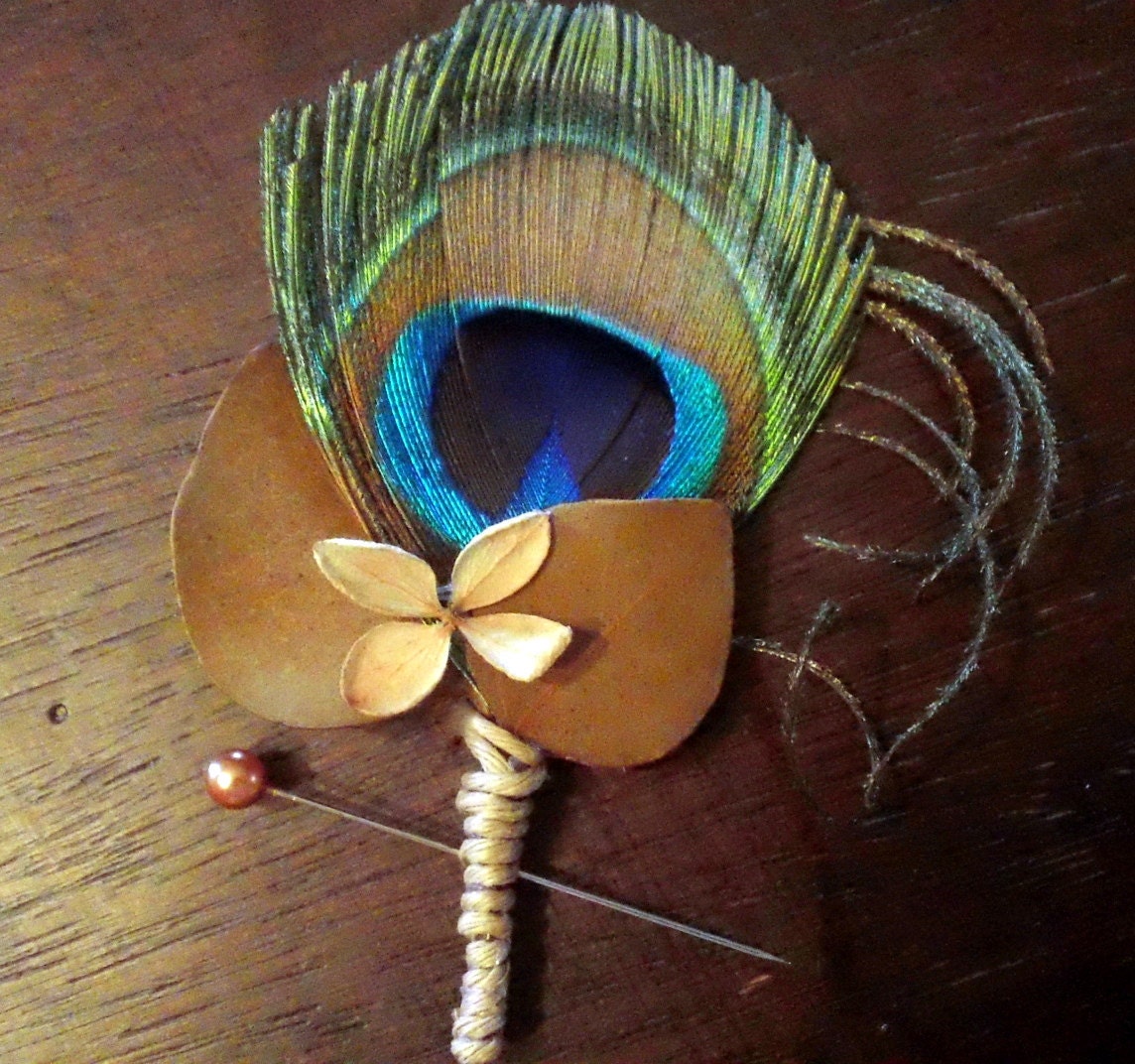 Set of 6 Field and Peacock Feather Wedding Boutonnieres