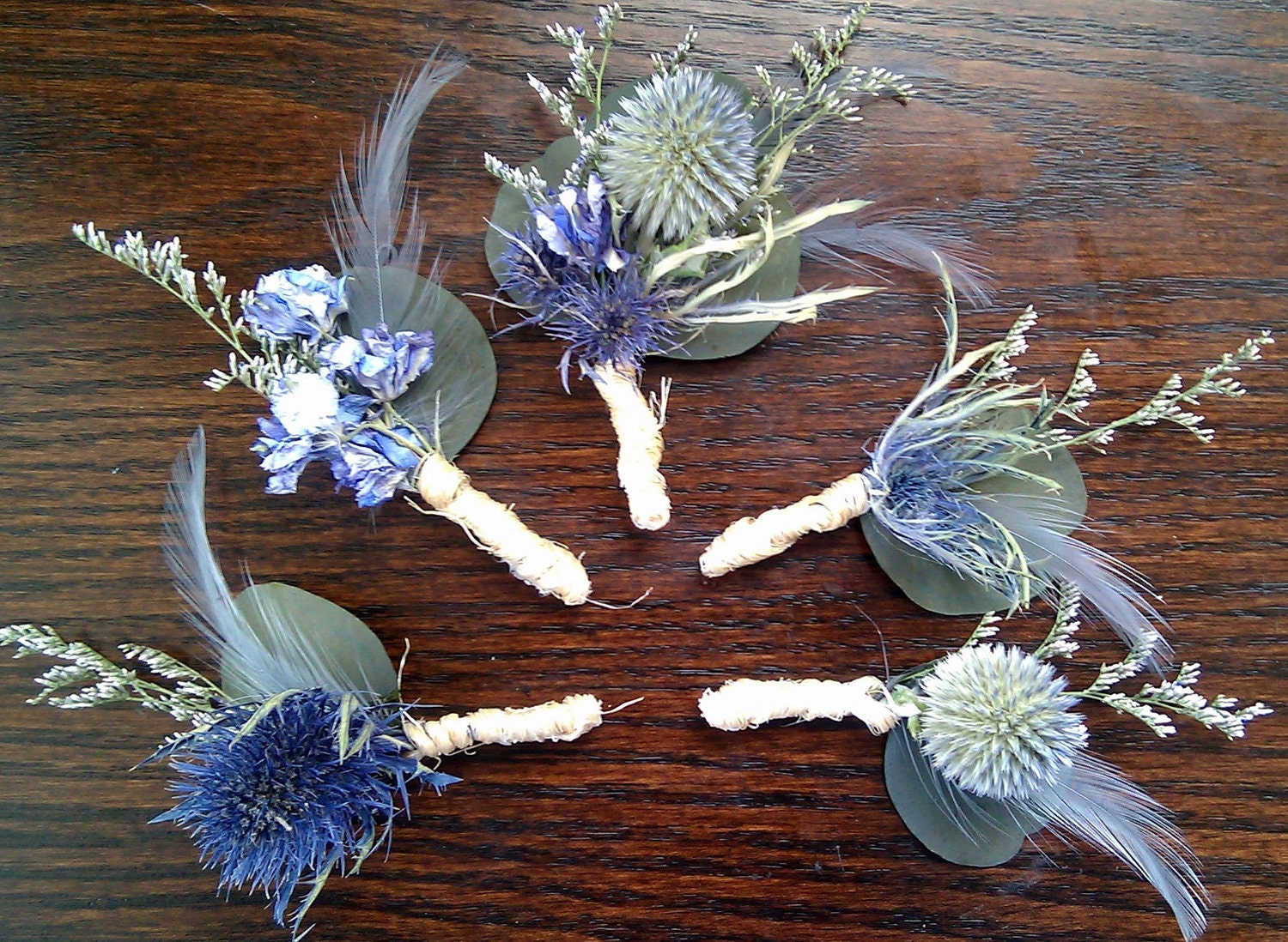 Rustic Wedding Boutonnieres -Set of 7 Grooms Groomsmen Blue Feather Natural Country Woodland Thistle Dried Flower Lavender Periwinkle