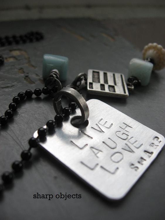 Live Laugh Love - long vintage cornflower blue glass, bone & stamped silver metalwork tag charm chain NECKLACE