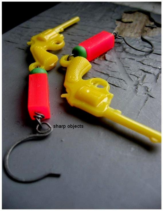 BANG BANG - bright vintage lucite and neon toy gun kitsch statement EARRINGS