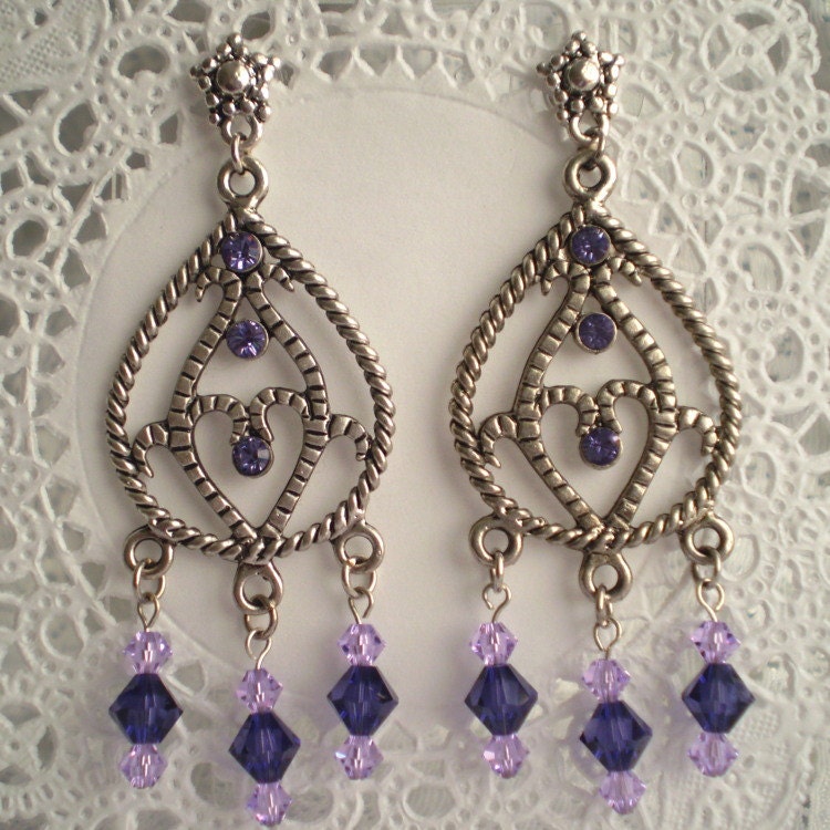 Long Purple Crystal Chandelier Earrings Antique Silver Dangle Orchid Lilac Violet