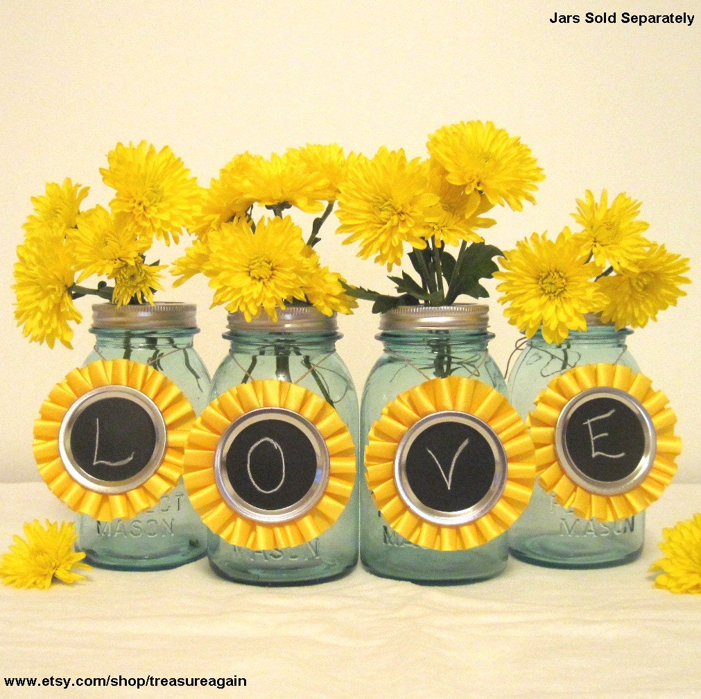 Yellow Chalkboard Tags 6 Ball Mason Jar Centerpiece Decorations for Weddings, Birthday Parties, or Events, Upcycled Rossette Ribbons