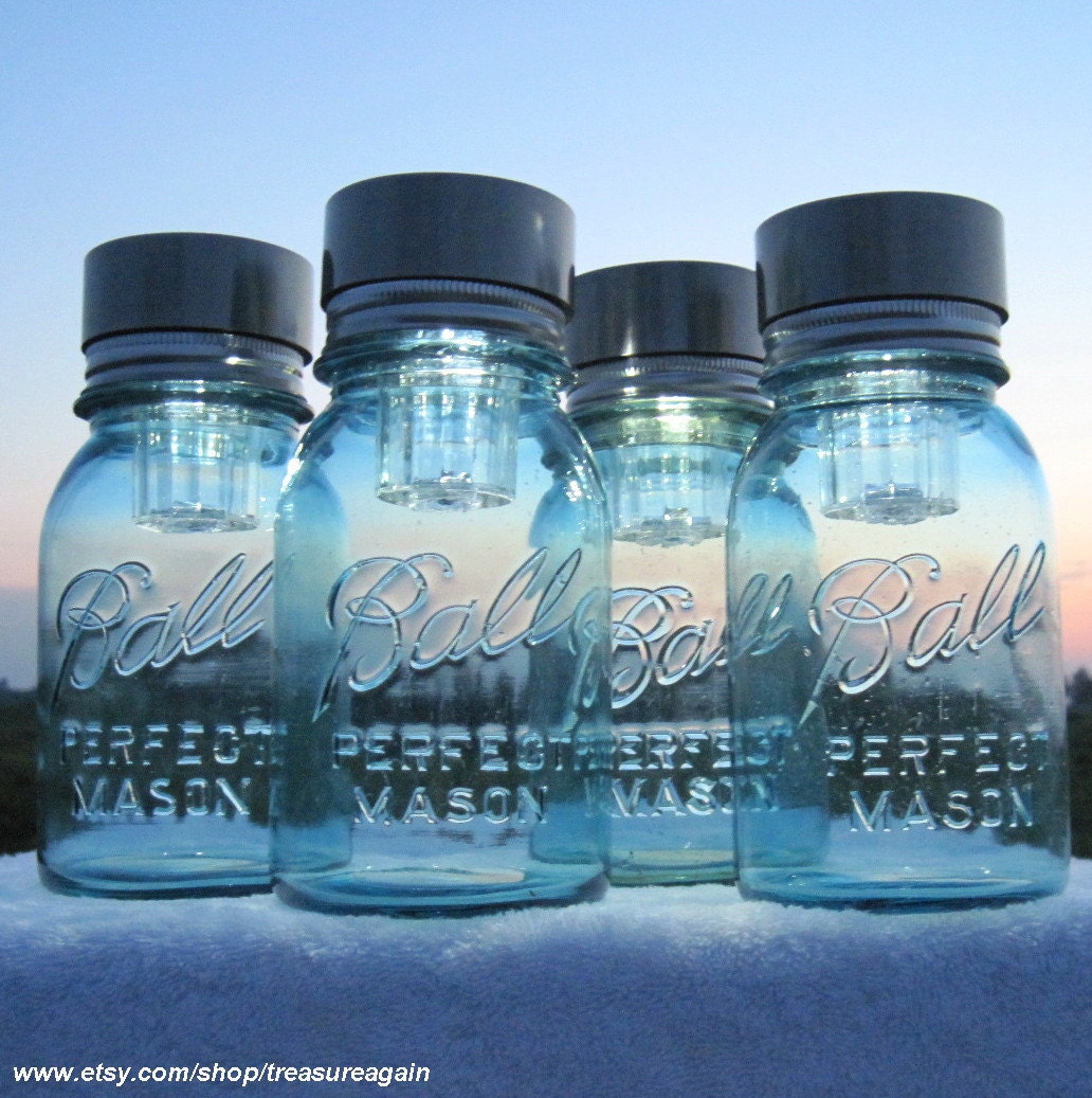 Mason Jars Solar Lights 4 Outdoor Mason Jar Lighting Antique Blue Ball Jars Garden Outdoor Lights ORIGINAL Solar Jar Design by treasureagain
