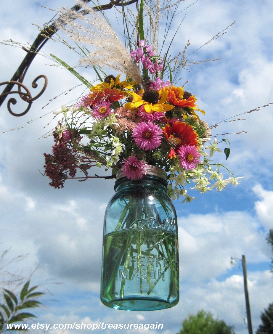 2 Hanging Mason Jars Vases with Flower Frog Lids, Wedding Mason Jars, Ball Hanging Lanterns, 2 Blue Antique Canning Flower Jars, Home Decor