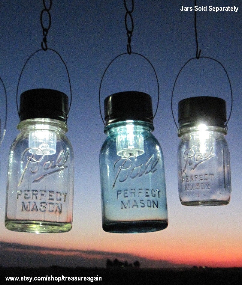 Night Gardening 3 Lanterns Hanging Outdoor Gardening Lights, Upcycled Ball Mason Jar Solar Light LIDS