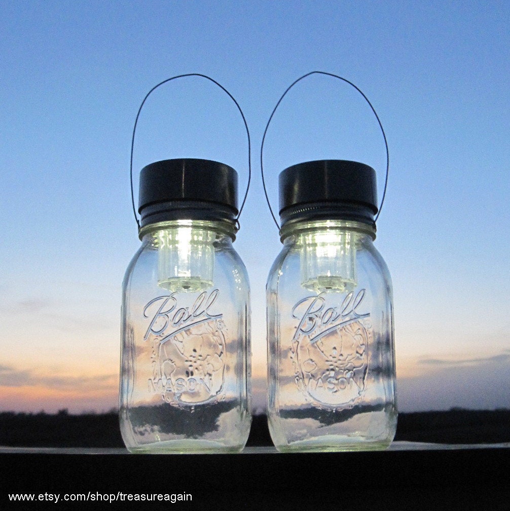 Solar Eco Friendly Lights Going Green Eco-Friendly Wedding 2 Clear Ball Mason Jar Solar Lights Hanging Lanterns, Upcycled Garden Decor