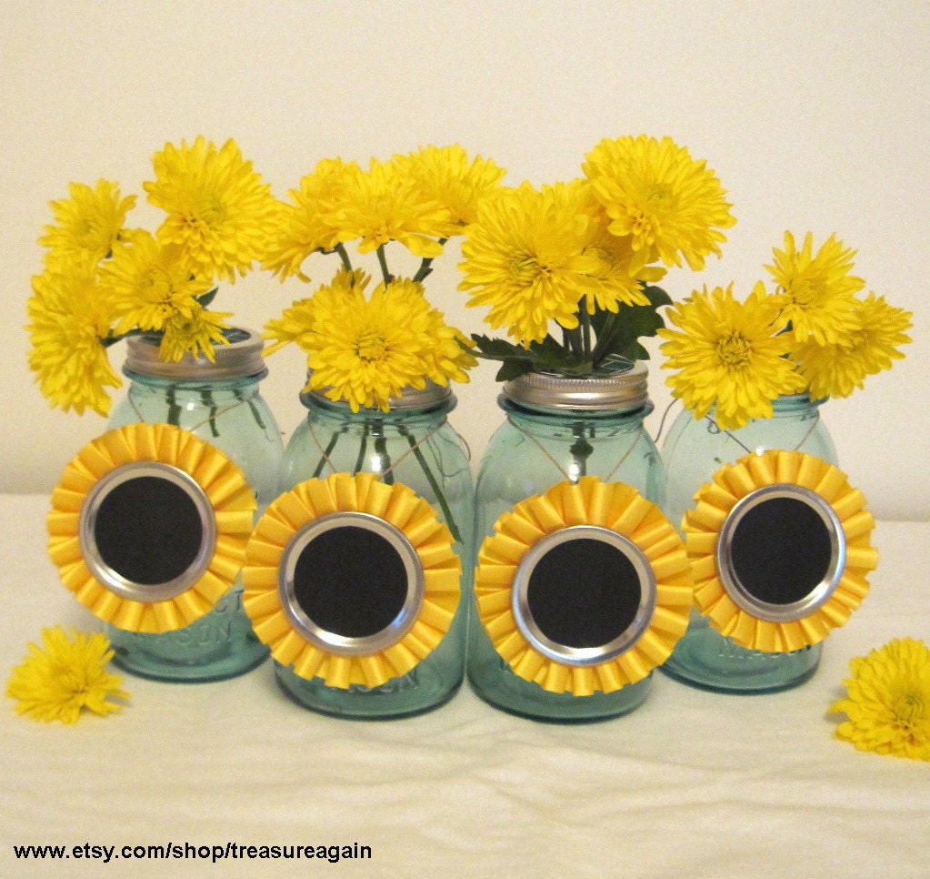 Yellow Chalkboard Tags 6 Ball Mason Jar Centerpiece Decorations for Weddings, Birthday Parties, or Events, Upcycled Rossette Ribbons