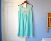 Mint Green Nightie Short Nylon Nightgown Vintage 60s Lingerie Sleeveless Summer House Dress Seafoam Green Medium