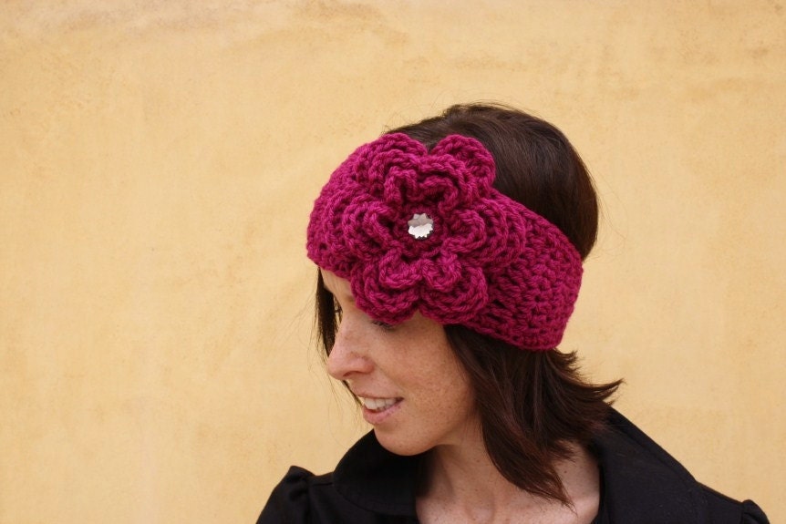 Crochet Headband in Winterberry Pink with Large Flower