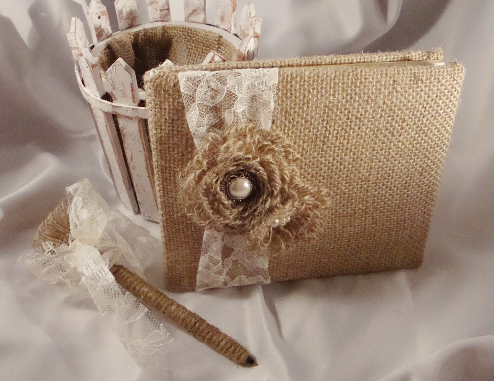 Rustic Burlap Lace and Pearl Guest Book and Pen Set. Style: Sheron Set