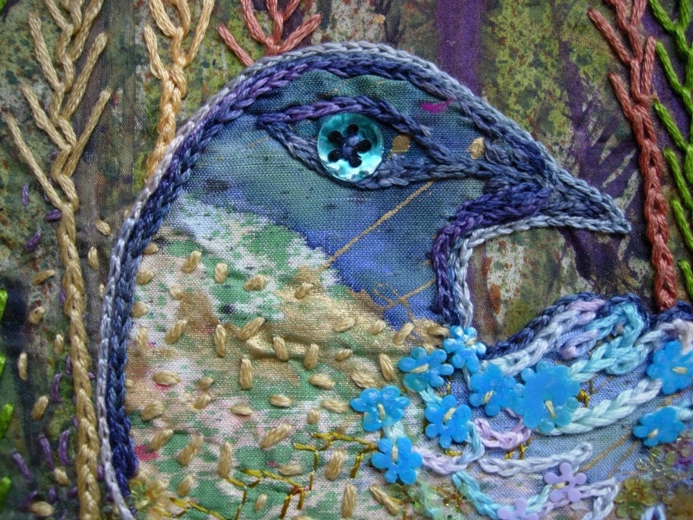 Underbrush Bird Original Embroidered Silk Painting Textile Art OOAK
