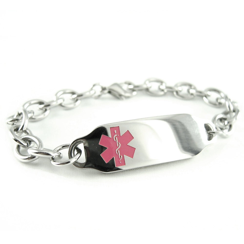 Pink Ladies Medical Bracelet Stainless Steel, OLINK Chain, Custom Engraved FREE - i2C-BS2