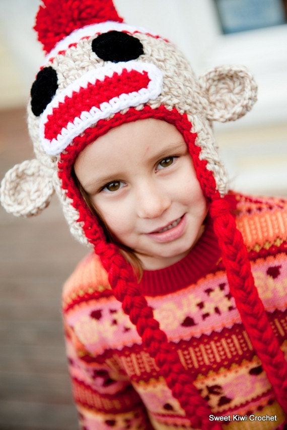 PDF Sock Monkey Hat CROCHET PATTERN in 5 different sizes for boys and girls