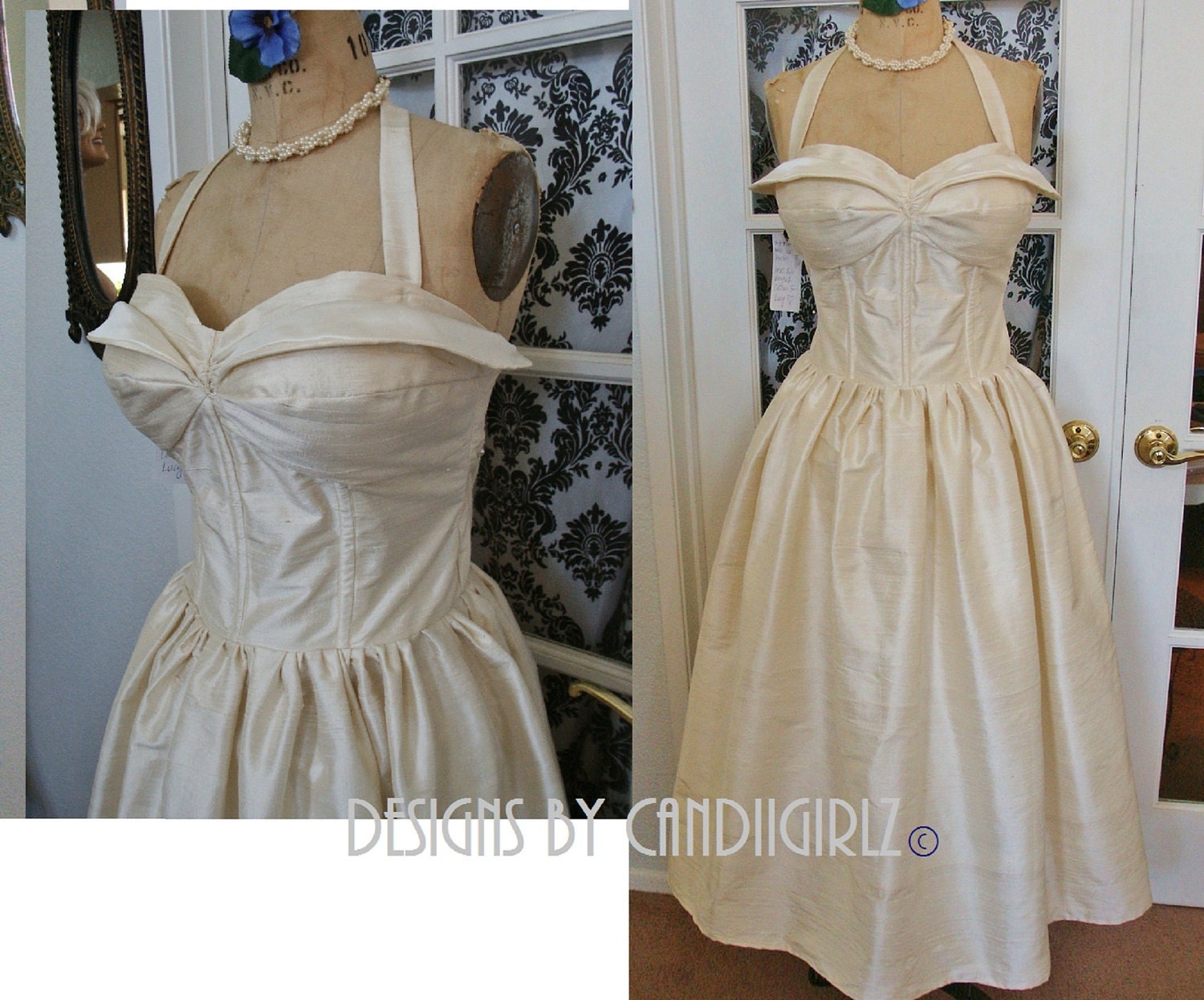 1950s Rockabilly Pinup Couture STyle Custom Full skirt Boned Wing Bust Tea length Dress