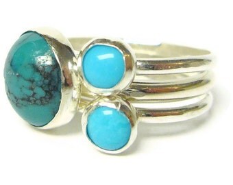 Sterling silver turquoise ring silver stacking rings set of 3 gemstone rings sterling silver ring cocktail ring eco friendly