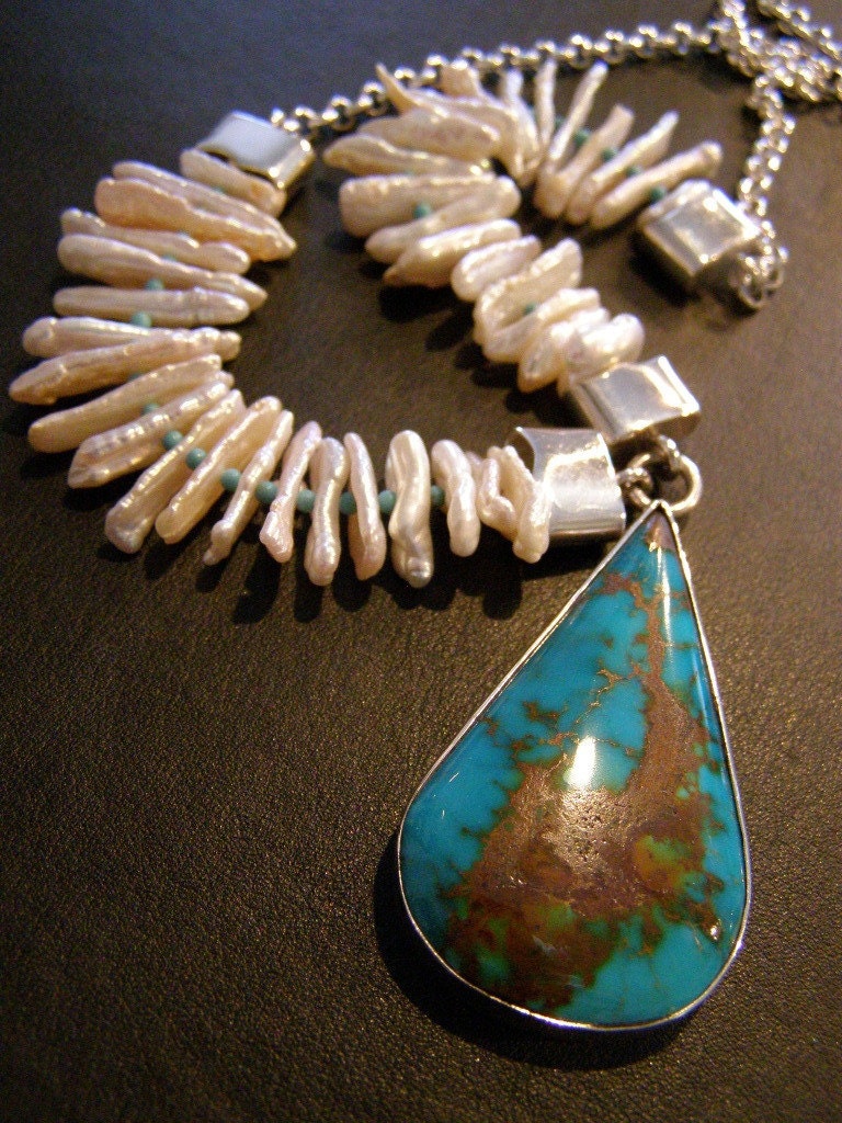 Large Rare Turquoise Silver 925 And Pearls Necklace Choker