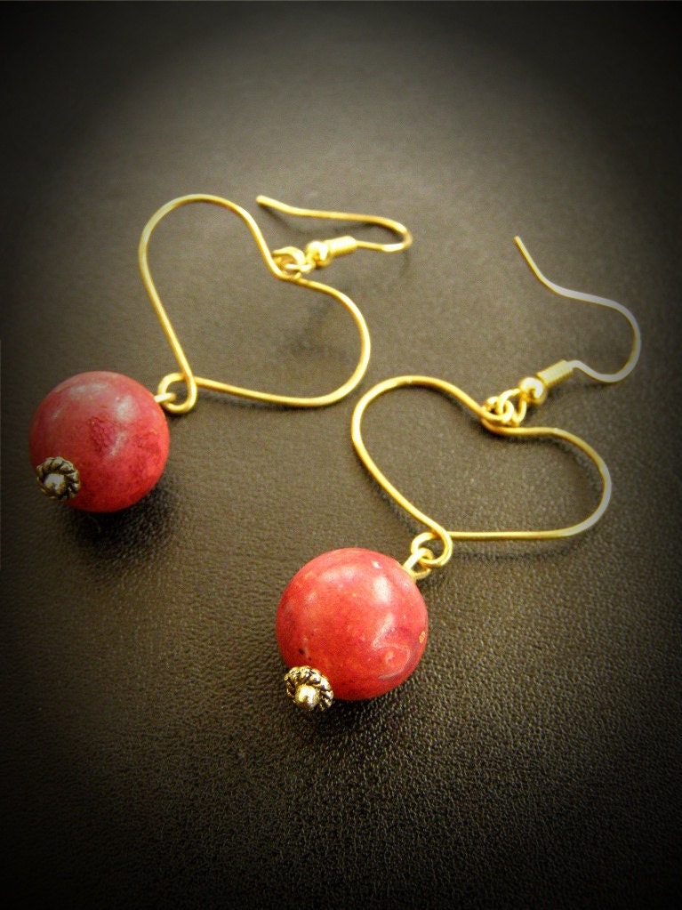 Natural Coral Gold Wire 'Simply Red' Heart Earrings