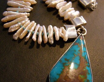 Large Rare Turquoise Silver 925 And Pearls Necklace Choker