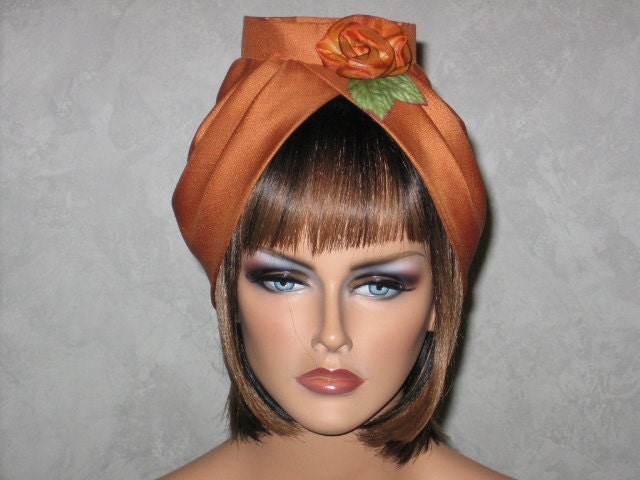 SALE Handmade Draped Open Crown Fashion Turban -Burnt Orange Silk