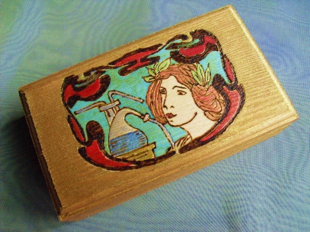 Wood Burned/Hand Painted Art Nouveau Goddess Jewelry Trinket Boxes