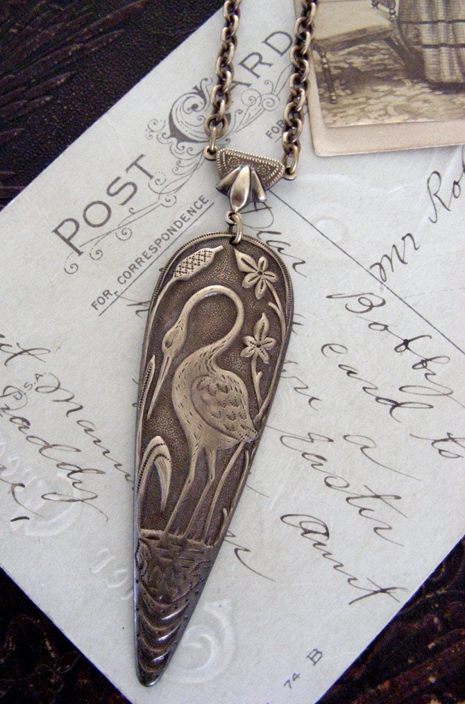 Necklace Blue Heron Bird - Quiet Beauty - Vintage Brass Blue Heron Arts and Crafts Period - Handmade