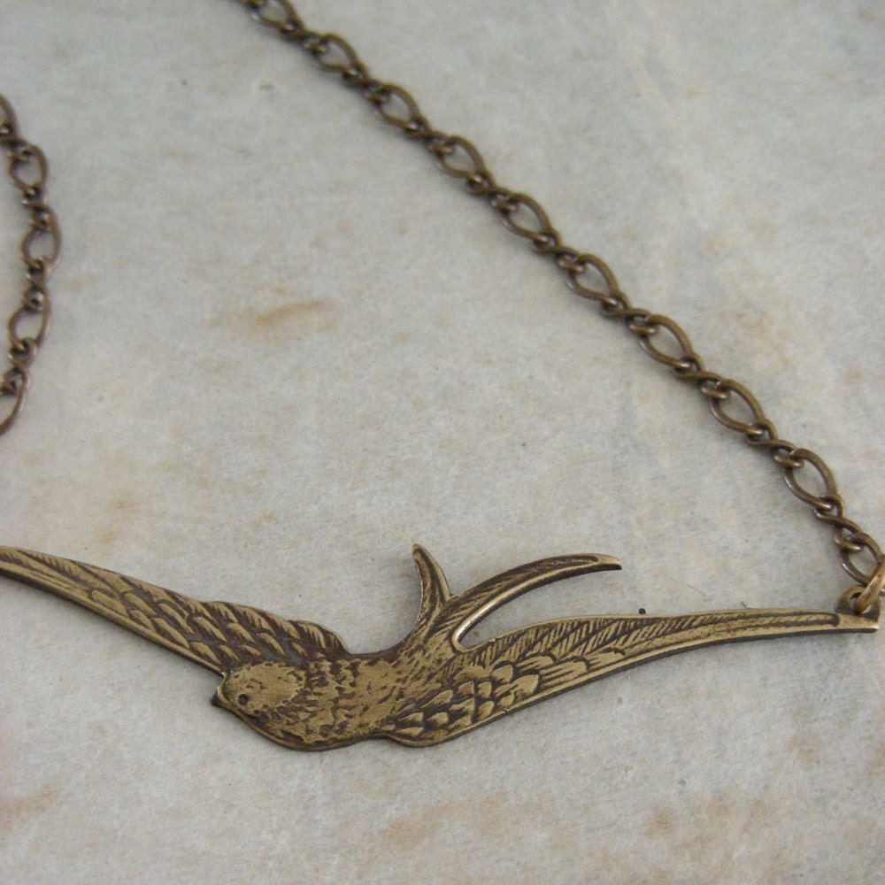 Necklace Swallow - Vintage Brass Swallow Bird Pendant - Under 30