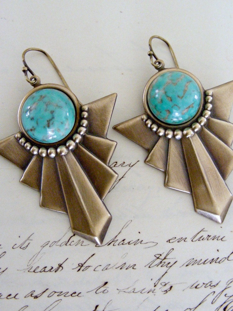 Art Deco Earrings - Turquoise Glass - Tribal Style - Vintage Brass - Handmade