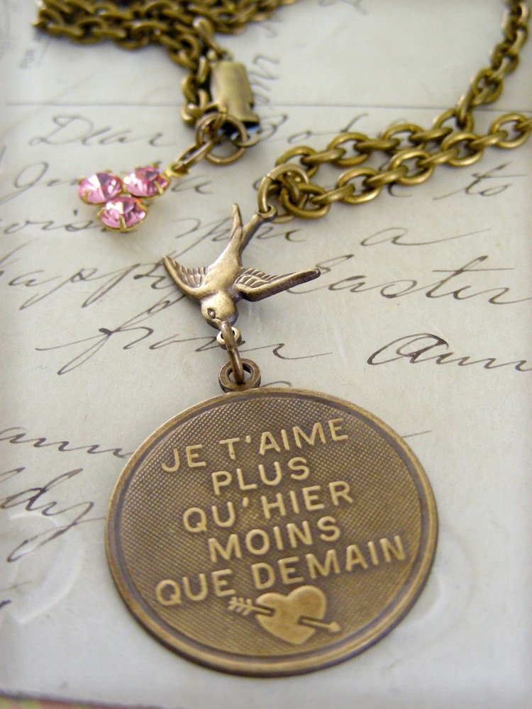 Necklace  French LOVE Note  and Sparrow Bird - Vintage Brass - Handmade