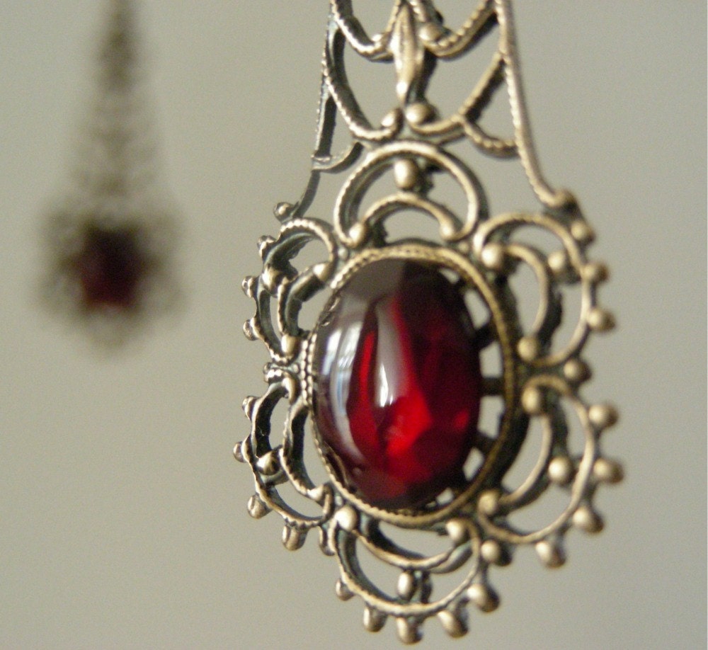Art Nouveau Earrings - Ruby Red Vintage Glass - Handmade