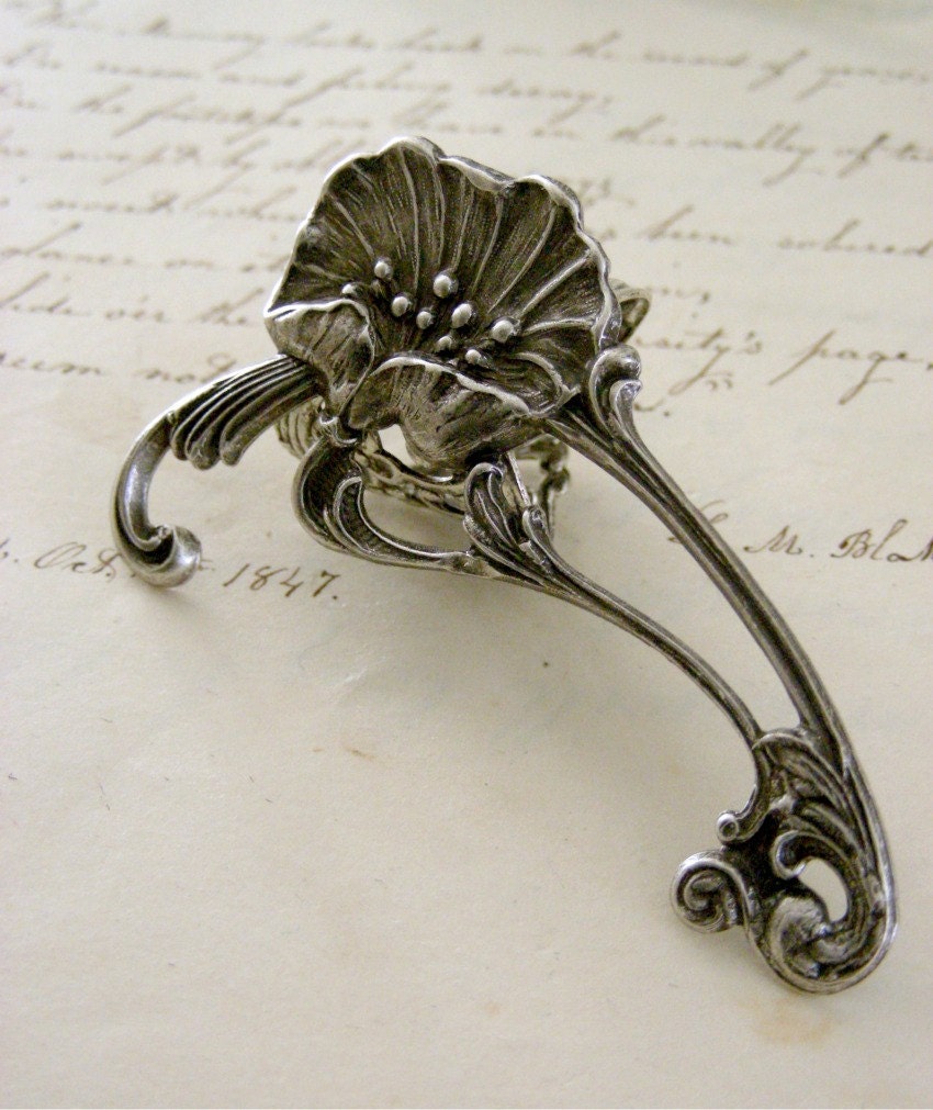 Silver Ring Art Nouveau Poppy Flower Retro Cocktail Statement Ring - Handmade