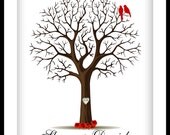 Wedding Red Poppy Signature fingerprint Tree with Love birds Initials in Heart Print  Large up to 170 fingerprints.