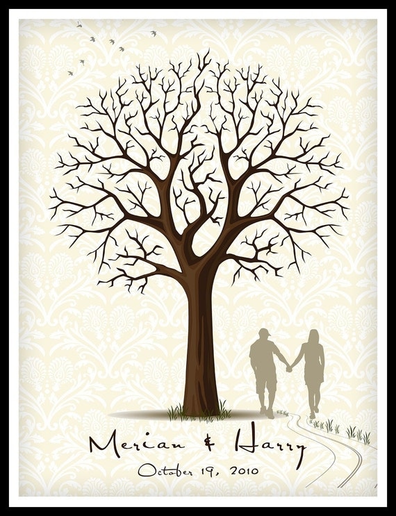 Personalized Wedding Tree Poster Signature and Fingerprint Print DIY Printable FILE  with Couple Silhouette  Small-Medium-Large