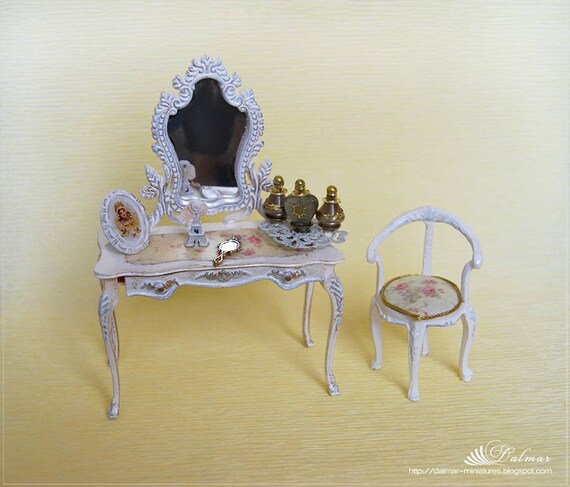 1:12  White bureau  with mirror and chair   Dollhouse Miniature French Style Shabby-chic