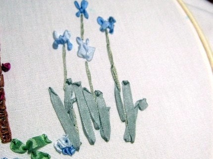 Silk Ribbon embroidered blue irises and dark pink roses