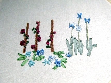 Silk Ribbon embroidered blue irises and dark pink roses