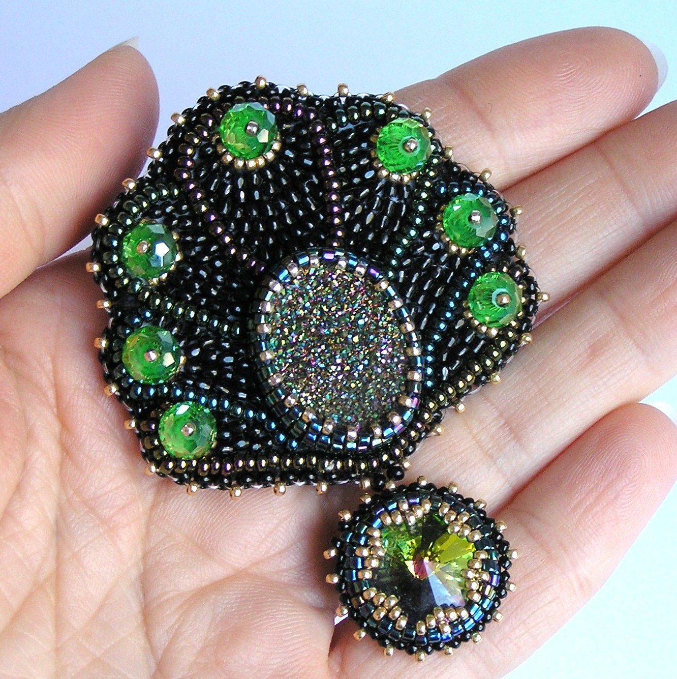 Brooch  embroidery Natural Agate Titanium Druzy Pendant Swarovski Rivoli - magic pen Firebird