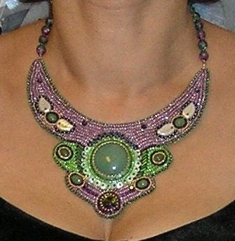 Bead embroidered necklace "Gardens Baroness Beatrice" green lilac