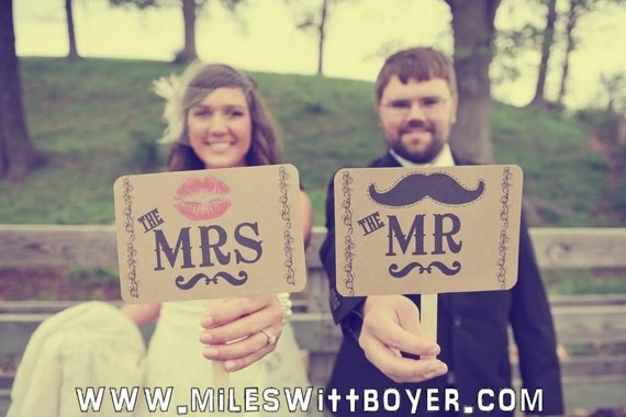 The ORIGINAL-The Mr/The Mrs- Mustache/ Lips- Thank You Double Sided Wedding Photo Props Signs on Kraft Paper- Set of 2