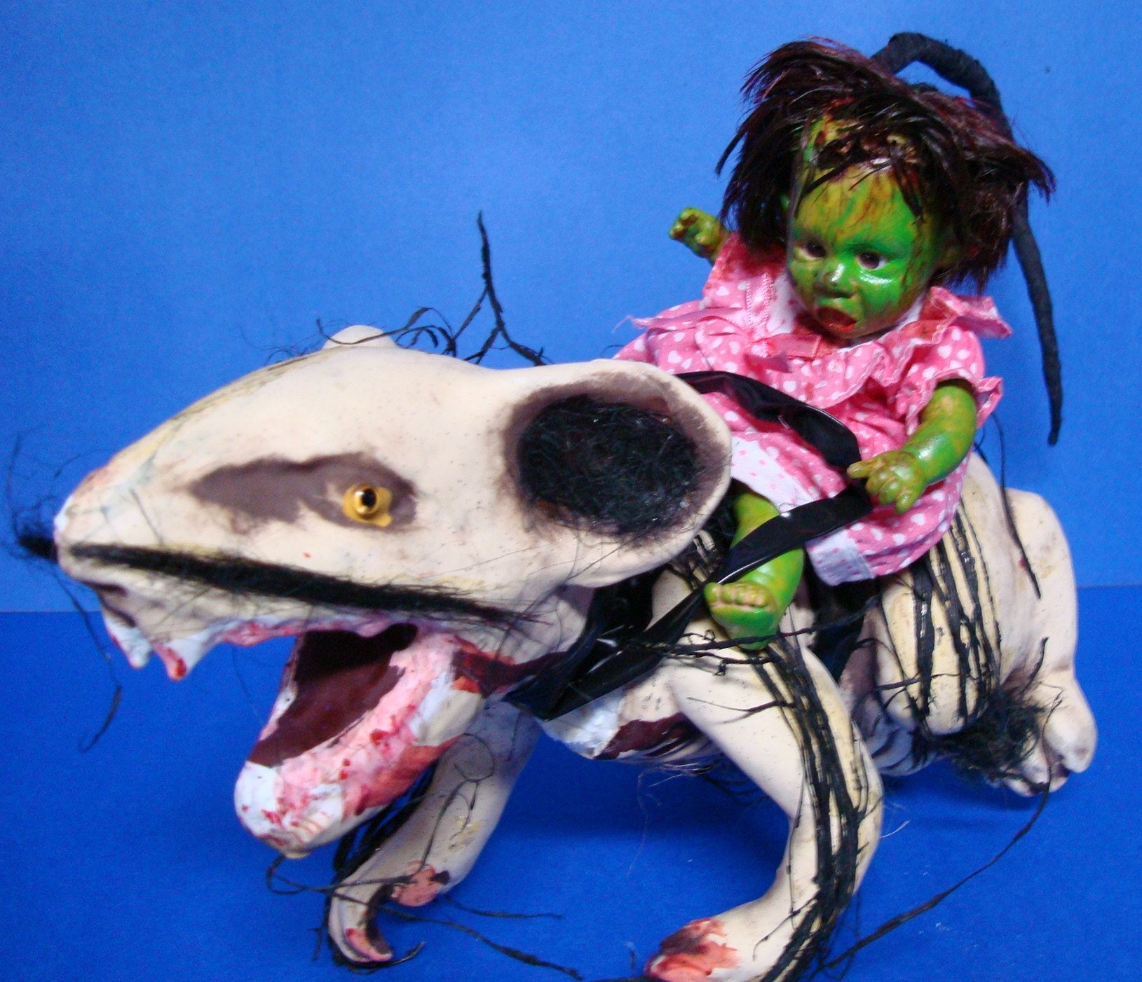 Altered Horror Art Doll Goblin Rodeo Girl Riding Rat Artist Signed