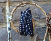 Leather Beaded Wrap Bracelet - Indigo and Charcoal Gray