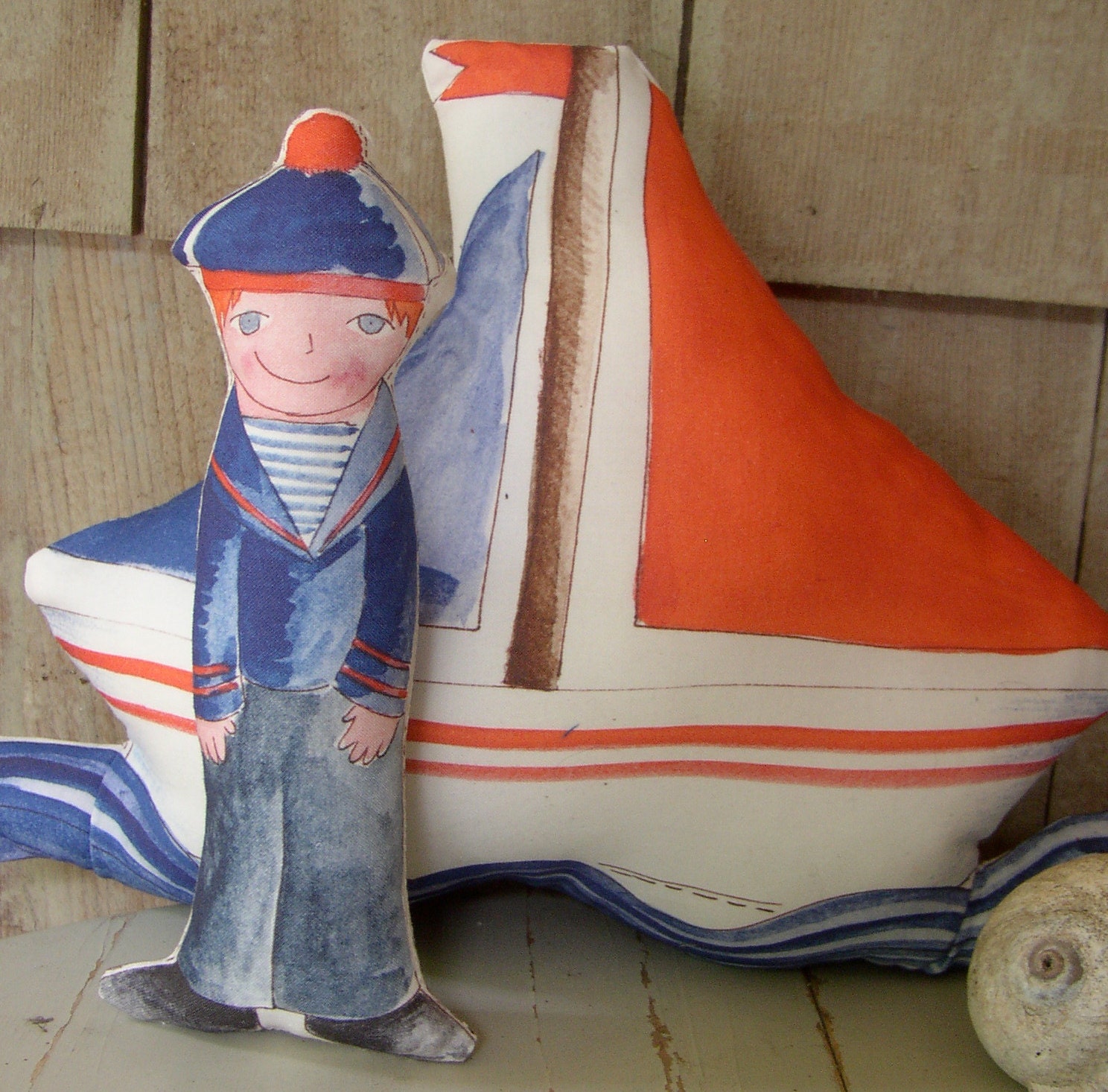 Nautical Sailboat and Sailor Softie Pillows, Navy Blue, Red and White
