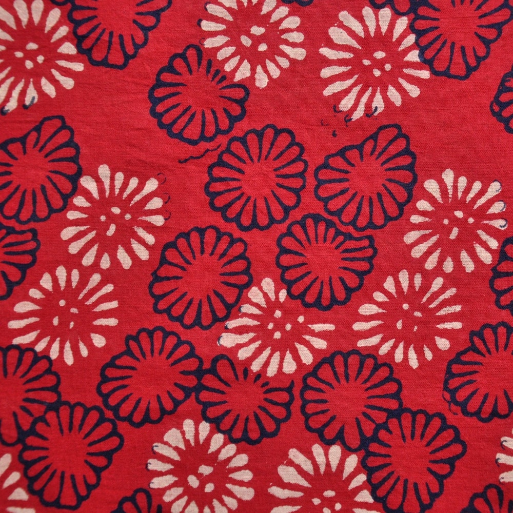 1m Lightweight Cotton Block Print Fabric - Flowers on Red